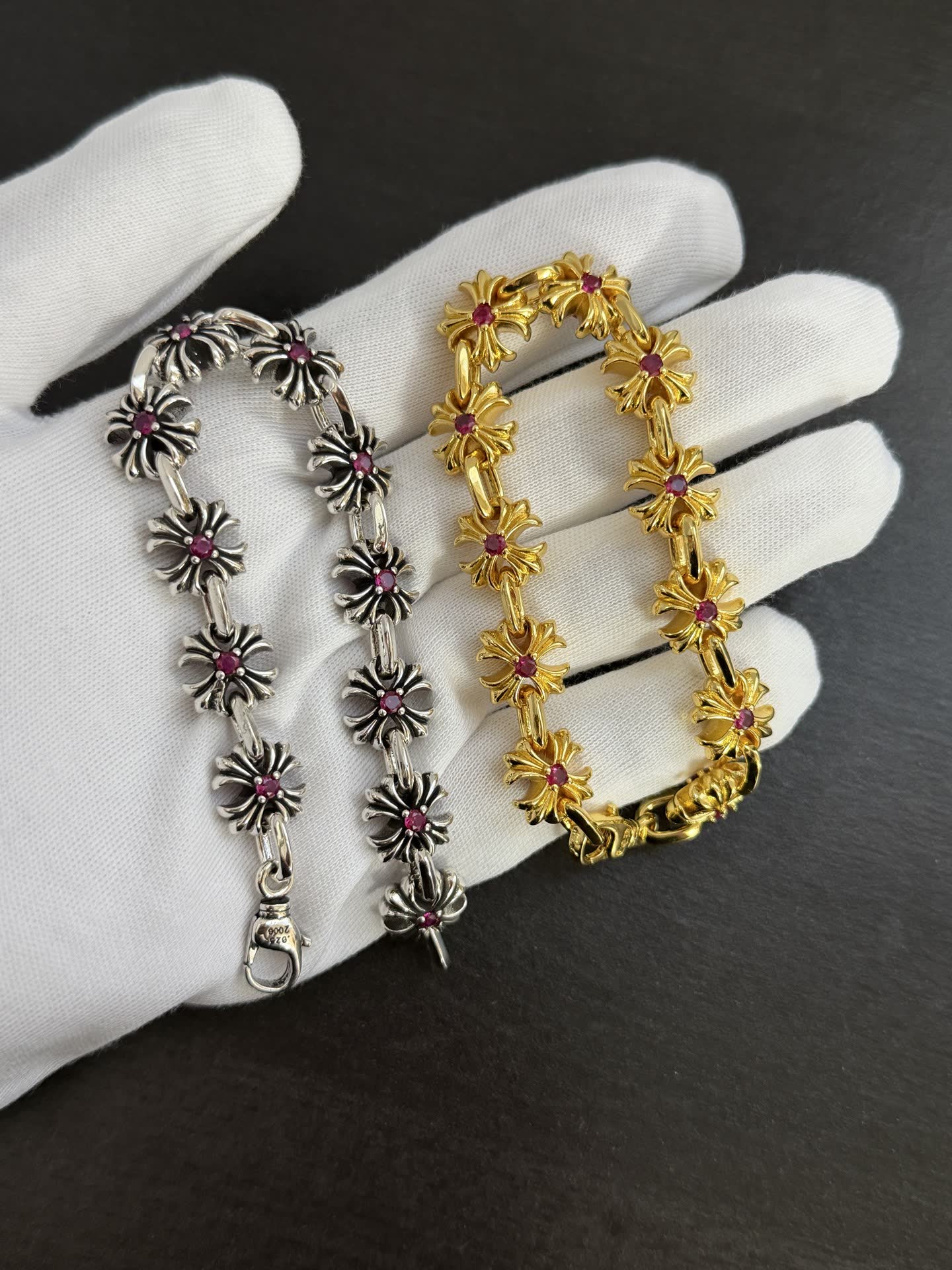 Chrome Hearts Elegant Gold and Silver Flower Bracelets with Ruby Stones